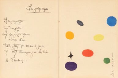 View full screen - View 1 of Lot 97. Il était une petite pie. 1928. Ingénieuse reliure ajourée de Miguet sur le premier livre illustré de Miró. 1/20 exemplaires de tête sur Japon, avec la rare suite en noire..