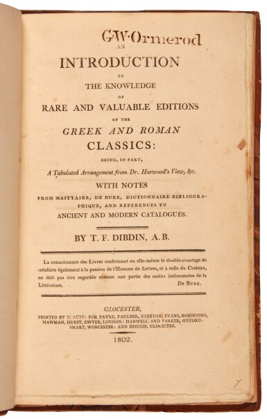 View full screen - View 1 of Lot 1649. Dibdin, An introduction to Greek and Roman classics, Gloucester, 1802, nineteenth-century three-quarter brown morocco.