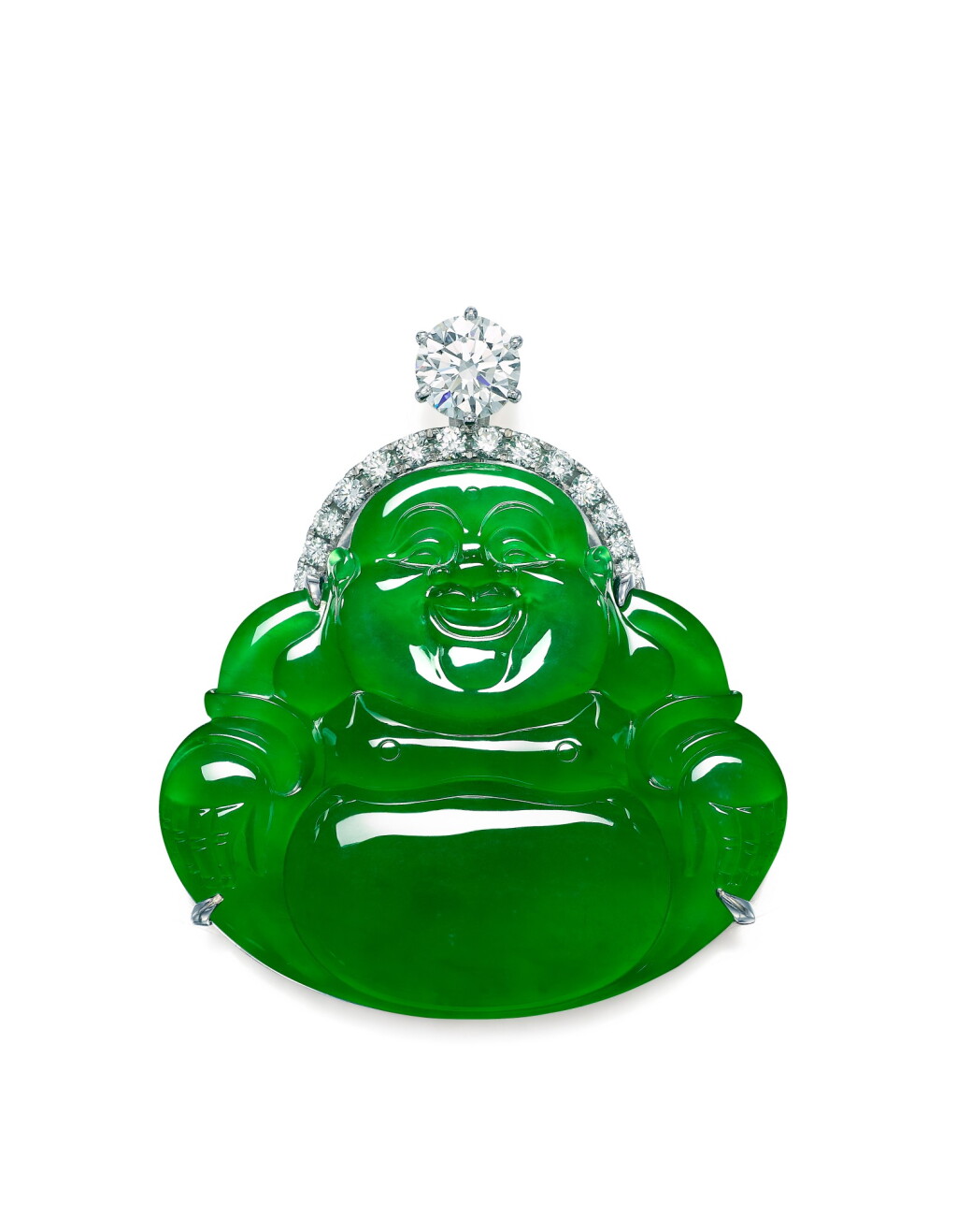 View full screen - View 1 of Lot 1748. AN IMPRESSIVE AND RARE JADEITE AND DIAMOND PENDANT | 大器不凡 天然翡翠雕「彌勒佛」配 鑽石 掛墜.