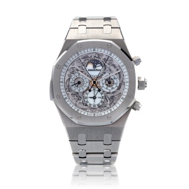 View full screen - View 1 of Lot 87. Reference 26065ST Royal Oak Grand Complication, A rare and impressive titanium skeletonized minute repeating perpetual calendar split-seconds chronograph wristwatch with leap year and week indication, and moon phases, Circa 2005 愛彼 26065ST 型號皇家橡樹系列 Grand Complication 罕有精鋼鏤空三問萬年曆追針計時腕錶備閏年、星期及月相顯示,約2005年製.