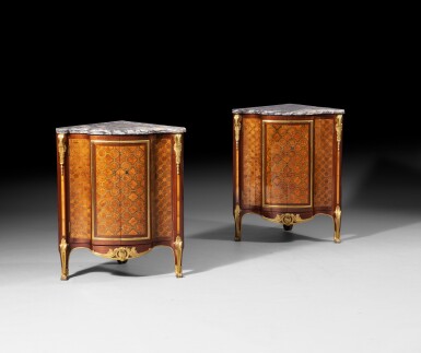 View full screen - View 1 of Lot 92. A pair of late Louis XV gilt-bronze-mounted sycamore and tulipwood parquetry encoignures, circa 1770, stamped 'J.F. LELEU' and 'JME' | Paire d’encoignures en marqueterie de bois de rose, sycomore, amarante et bronze doré d'époque Louis XV, vers 1770, estampillée J.F LELEU et JME.