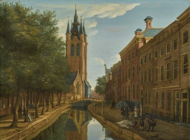 View full screen - View 1 of Lot 153. PAULUS CONSTANTIJN LA FARGUE | Delft, a view of Oude Delft looking south towards the Oude Kerk.