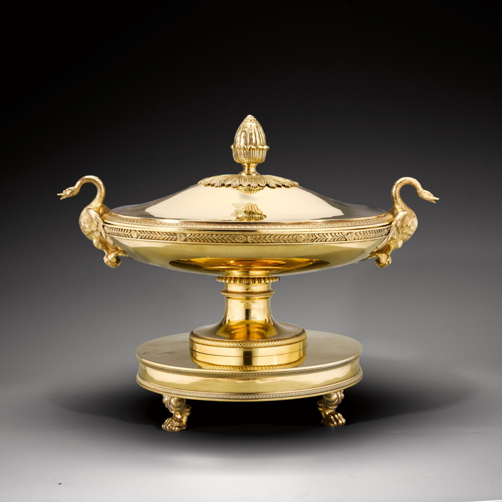 View full screen - View 1 of Lot 15. A French silver-gilt covered tureen, Jean-Baptiste-Claude Odiot, Paris, 1809-1815 Coupe à entremets couverte en vermeil par Jean-Baptiste-Claude Odiot, Paris, 1809-1815.