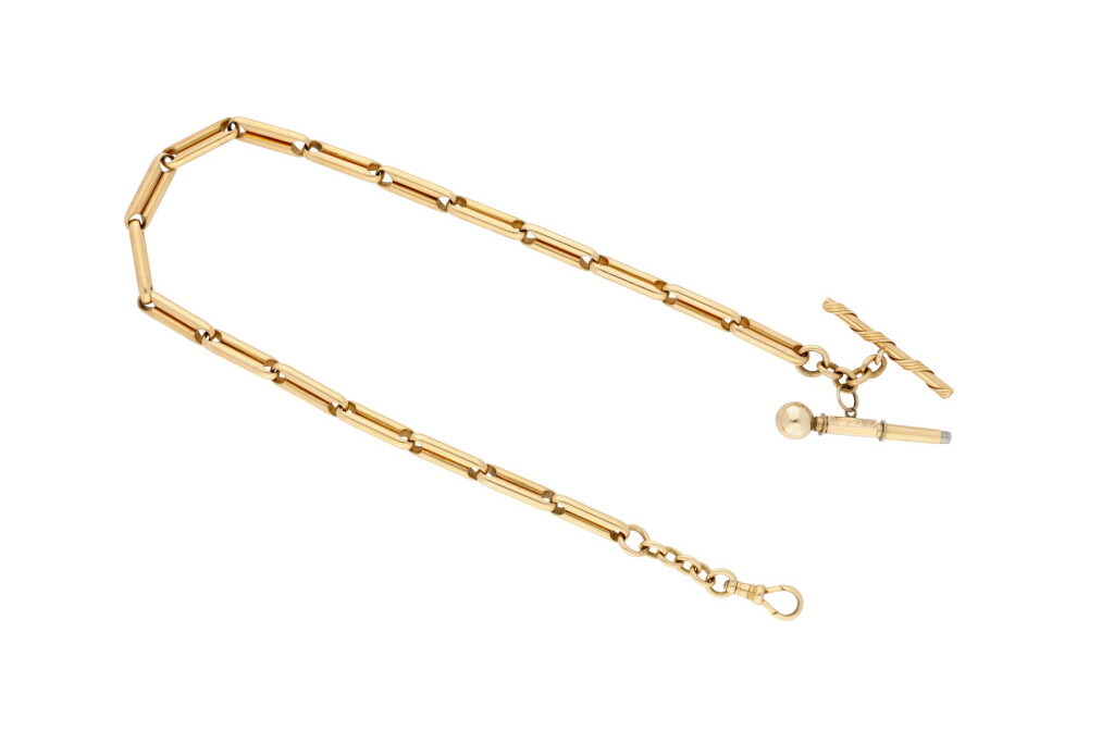 View full screen - View 1 of Lot 192. A gold watch chain with clip, T-bar and key 19th Century.