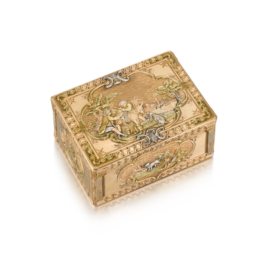 View full screen - View 1 of Lot 5. A four-colour gold snuff box, Les Frères Toussaint, Hanau, circa 1760/65.