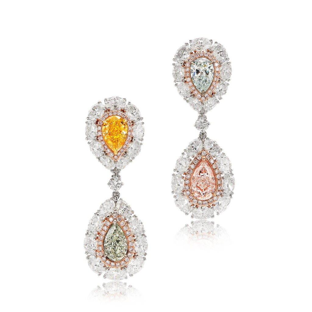 View full screen - View 1 of Lot 1830. Pair of Coloured Diamond and Diamond Pendent Earrings | 彩色鑽石 配 鑽石 耳墜一對.