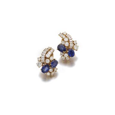 View full screen - View 1 of Lot 112. PAIR OF SAPPHIRE AND DIAMOND EAR CLIPS, ADLER.