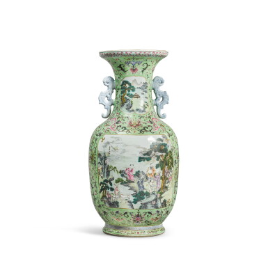 View full screen - View 1 of Lot 233. A large green-ground famille-rose baluster vase Seal mark and period of Qianlong | 清乾隆 綠地粉彩開光道教神仙圖雙耳大瓶 《大清乾隆年製》款.