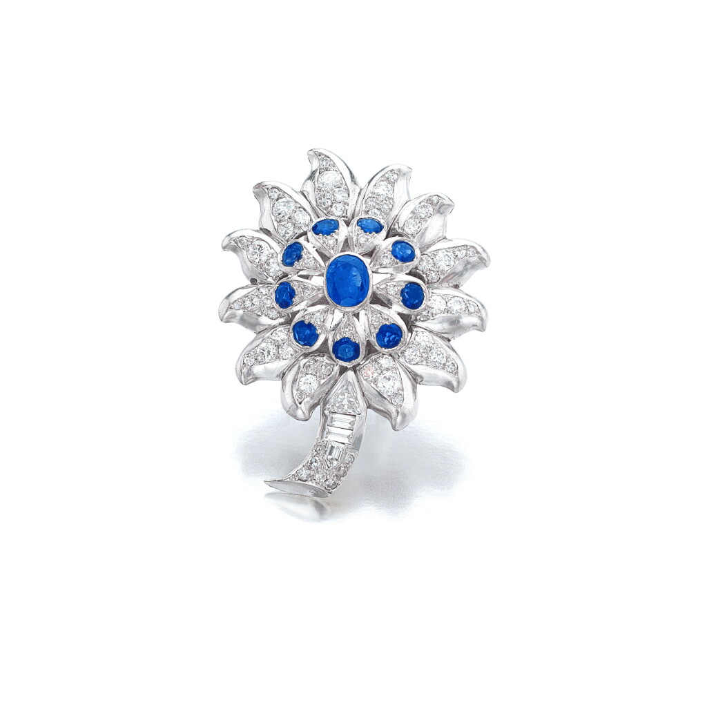 View full screen - View 1 of Lot 763. Sapphire and diamond brooch, 'Chouquette', circa 1955.