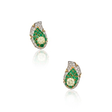 View full screen - View 1 of Lot 118. Pair of Colored Diamond, Emerald and Diamond Earclips, France.