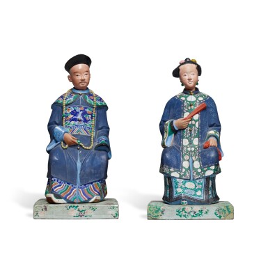 View full screen - View 1 of Lot 53. A Pair of Chinese Export Polychrome Pained Plaster Nodding Figures, late 18th/Early 19th Century.