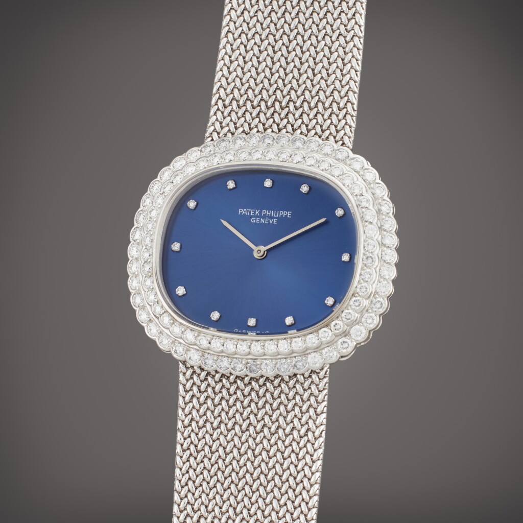 View full screen - View 1 of Lot 379. Reference 3623 1 Golden Ellipse ‘TV Case’ | A white gold and diamond-set bracelet watch, Circa 1975.