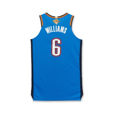 View full screen - View 1 of Lot 22. Jaylin Wlliams Oklahoma City Thunder 2025-2026 NBA Tip-Off Game Worn Icon Edition Jersey | Ring Night | 2024-25 Championship Patch .