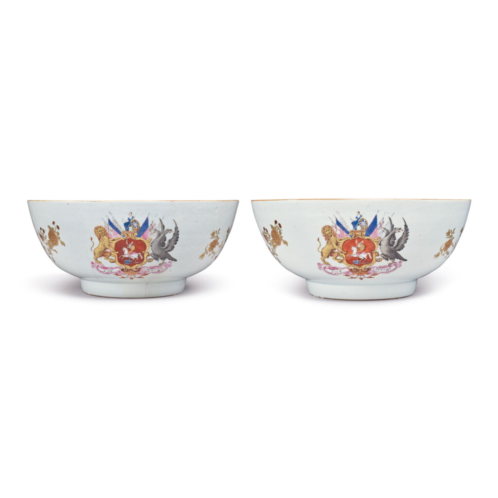 View full screen - View 1 of Lot 1874. A RARE PAIR OF LARGE CHINESE EXPORT ARMORIAL PUNCH BOWLS, QING DYNASTY, QIANLONG PERIOD, CIRCA 1755 | 清乾隆 約1755年 粉彩紋章圖大盌一對.