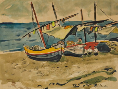 View full screen - View 1 of Lot 102. Boats on the Shore; A Village Scene.