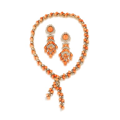 View full screen - View 1 of Lot 118. Cartier | Collier et pendants d'oreille corail et diamants | Coral and diamond necklace and pendent ear clips.