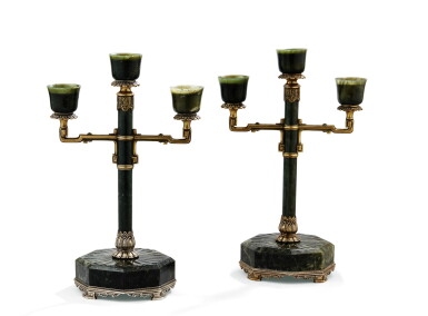 View full screen - View 1 of Lot 37. A PAIR OF JADE SILVER-MOUNTED THREE-LIGHT CANDELABRA, YAMANAKA, JAPAN, CIRCA 1920 | PAIRE DE CHANDELIERS À TROIS LUMIÈRES EN JADE MONTÉ EN VERMEIL PAR YAMANAKA, JAPON, VERS 1920 .