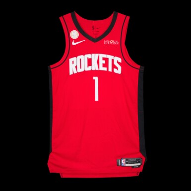 View full screen - View 1 of Lot 36. Amen Thompson Houston Rockets 2025-2026 NBA Tip-Off Game Worn Icon Edition Jersey | Special Edition 'All-Defensive First Team' Trophy Patch.