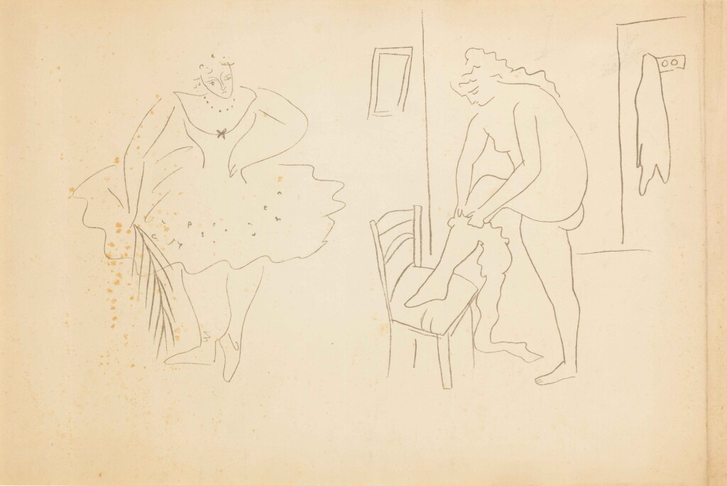 View full screen - View 1 of Lot 512. Ballet Russe, ballerinas preparing for dance | Zwei gerahmte Lithographien des Ballet Russe, Ballerinen in Vorbereitung auf den Tanz, eine mit beidseitigen Lithographien.