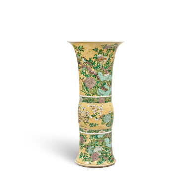 View full screen - View 1 of Lot 1188. A yellow-ground famille-verte 'bird and flower' beaker vase, the porcelain Qing dynasty, Kangxi period, the enamels later-added | 清康熙 後加彩黃地五彩花鳥紋花觚 .