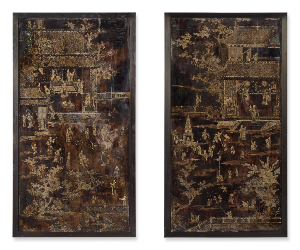 View full screen - View 1 of Lot 506. A Pair of Framed Chinese Mother-of-Pearl Inlaid laque burgauté Panels.