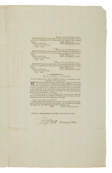 View full screen - View 1 of Lot 1006. The United States Constitution and the Bill of Rights | The author of the Declaration of Independence witnesses the Ratification of the Bill of Rights.
