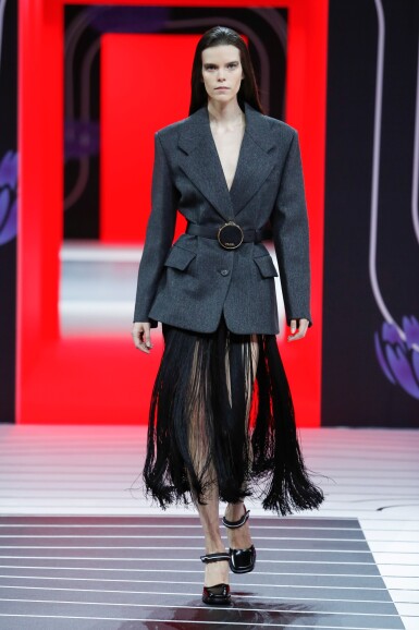 Prada | Opening Look Of The Show. Fluid Fringe Dress, Wool Jacket, Prada | Opening Look Of The Show. Fluid Fringe Dress, Wool Jacket,