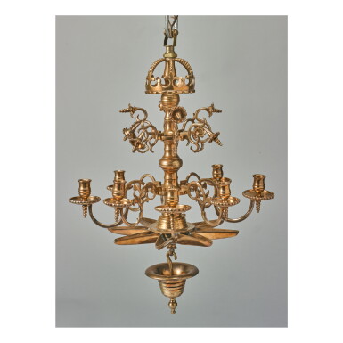 View full screen - View 1 of Lot 97. A POLISH BRASS SABBATH HANGING LAMP FOR CANDLES OR OIL, LATE 19TH CENTURY.