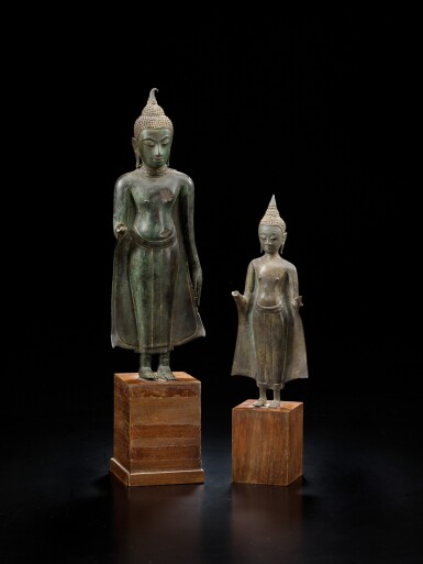 View full screen - View 1 of Lot 241. Two standing bronze Buddhas Ayutthaya style, probably 19th century | 或為十九世紀 阿瑜陀耶式銅佛立像兩尊.