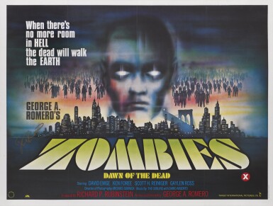 View full screen - View 1 of Lot 180. ZOMBIES DAWN OF THE DEAD (1978) FIRST BRITISH RELEASE POSTER, 1980, SIGNED BY GEORGE A. ROMERO.