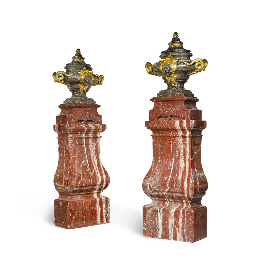 View full screen - View 1 of Lot 149. A pair of French gilt-bronze mounted Rosso Levanto marble vases and pedestals, in the Louis XV style, late 19th/early 20th century.