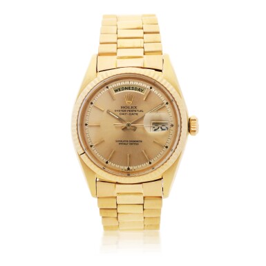 View full screen - View 1 of Lot 147. ROLEX | REFERENCE 1803 DAY-DATE A PINK GOLD AUTOMATIC WRISTWATCH WITH DAY, DATE, AND BRACELET, CIRCA 1967.