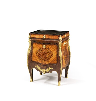 View full screen - View 1 of Lot 223. A late Louis XV gilt-bronze-mounted tulipwood and bois satiné marquetry and parquetry Chinese lacquered meuble à transformation, stamped J.F. Oeben and JME ; the mounts later.