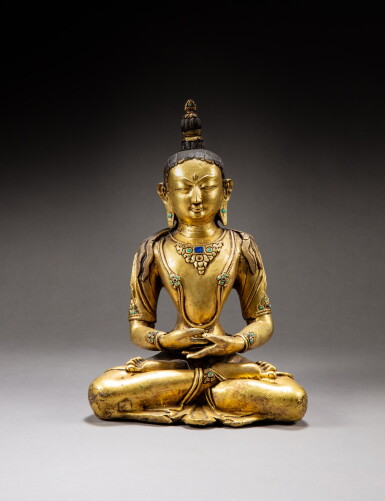 View full screen - View 1 of Lot 59. A gilt-copper alloy seated figure of Amitayus Tibet, ca. 19th century | 西藏 約十九世紀 鎏金銅合金無量壽佛坐像.