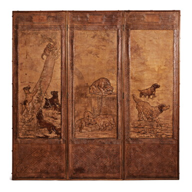 View full screen - View 1 of Lot 505. A THREE PANEL OAK AND LEATHER DOG SCREEN, EARLY 20TH CENTURY.