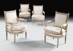 A SET OF FOUR CARVED AND GREY PAINTED ARMCHAIRS, LOUIS XVI, LAST QUARTER 18TH CENTURY, ATTRIBUTED TO GEORGES JACOB, LAST QUARTER, 18TH CENTURY | SUITE DE QUATRE FAUTEUILS EN BOIS SCULPTÉ ET LAQUÉ GRIS D'ÉPOQUE LOUIS XVI, ATTRIBUÉE À GEORGES JACOB