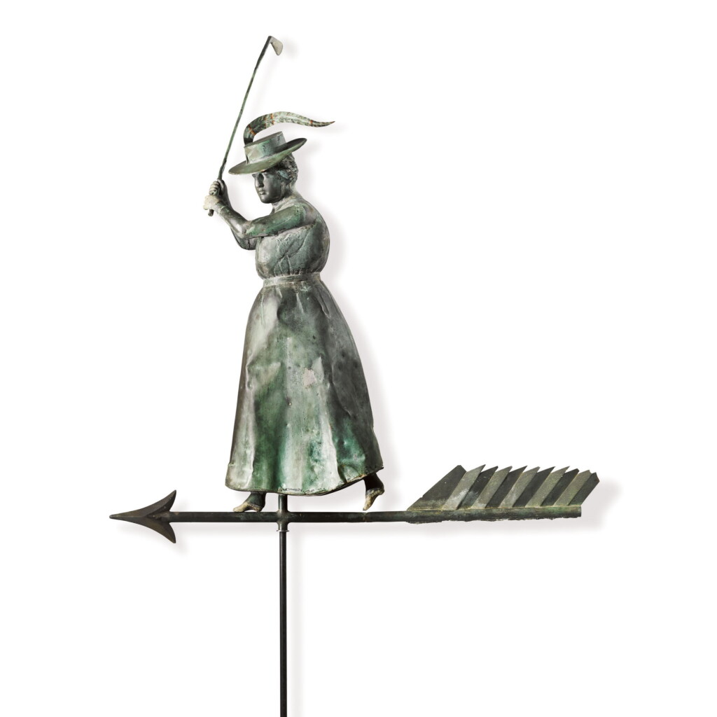 View full screen - View 1 of Lot 14. VERY FINE AND RARE MOLDED FULL BODIED SHEET COPPER AND ZINC STANDING FEMALE GOLFER WEATHERVANE, CIRCA 1900.