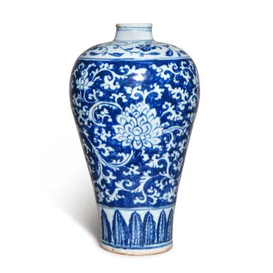 View full screen - View 1 of Lot 711. A rare blue and white 'lotus' meiping, Ming dynasty, 15th century | 明十五世紀 青花地留白纏枝蓮紋梅瓶.