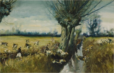 View full screen - View 1 of Lot 51. MICHAEL LYNE | HOUNDS CROSSING A DITCH WITH THE VALE OF THE WHITE HORSE HUNT.