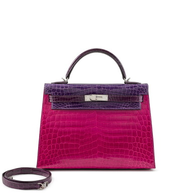View full screen - View 1 of Lot 55. Rose Scheherazade, Amethyst and Violet Shiny Niloticus Crocodile HSS Kelly 32 Sellier Palladium Hardware, 2014.