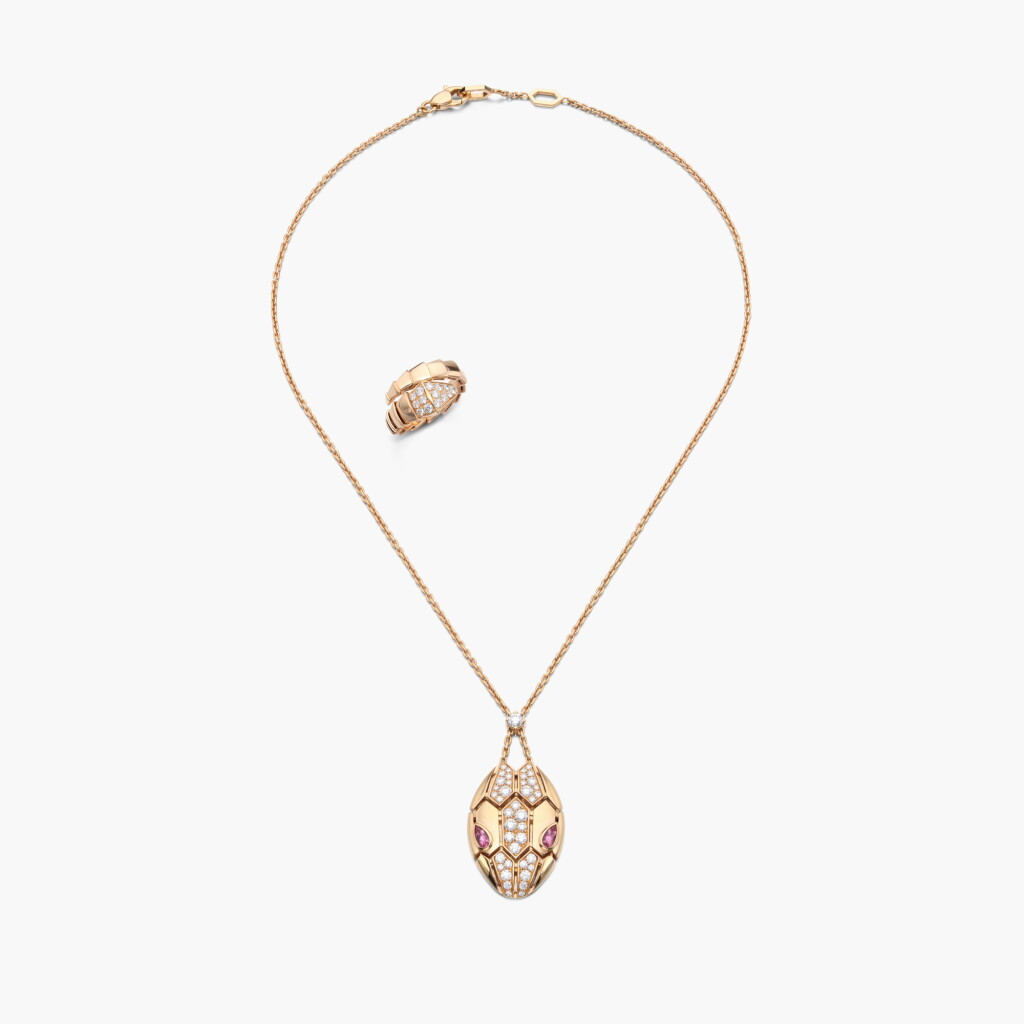 View full screen - View 1 of Lot 687. Gold, Tourmaline and Diamond ‘Serpenti Seduttore’ Pendent Necklace and a Gold and Diamond ‘Serpenti Viper’ Ring.