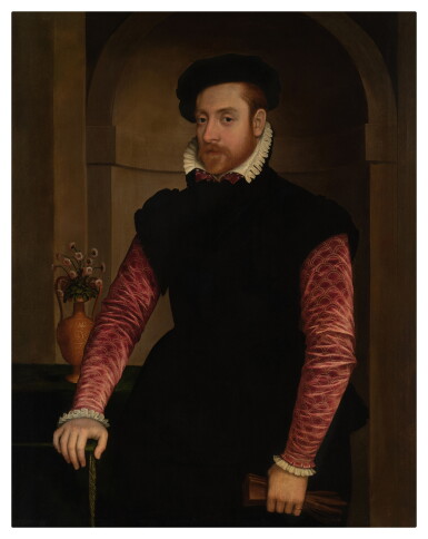 View full screen - View 1 of Lot 484. Portrait of a man, three-quarter length, holding gloves, and resting his right hand on a table, atop which rests a vase with a spray of flowers, all set before a stone niche.