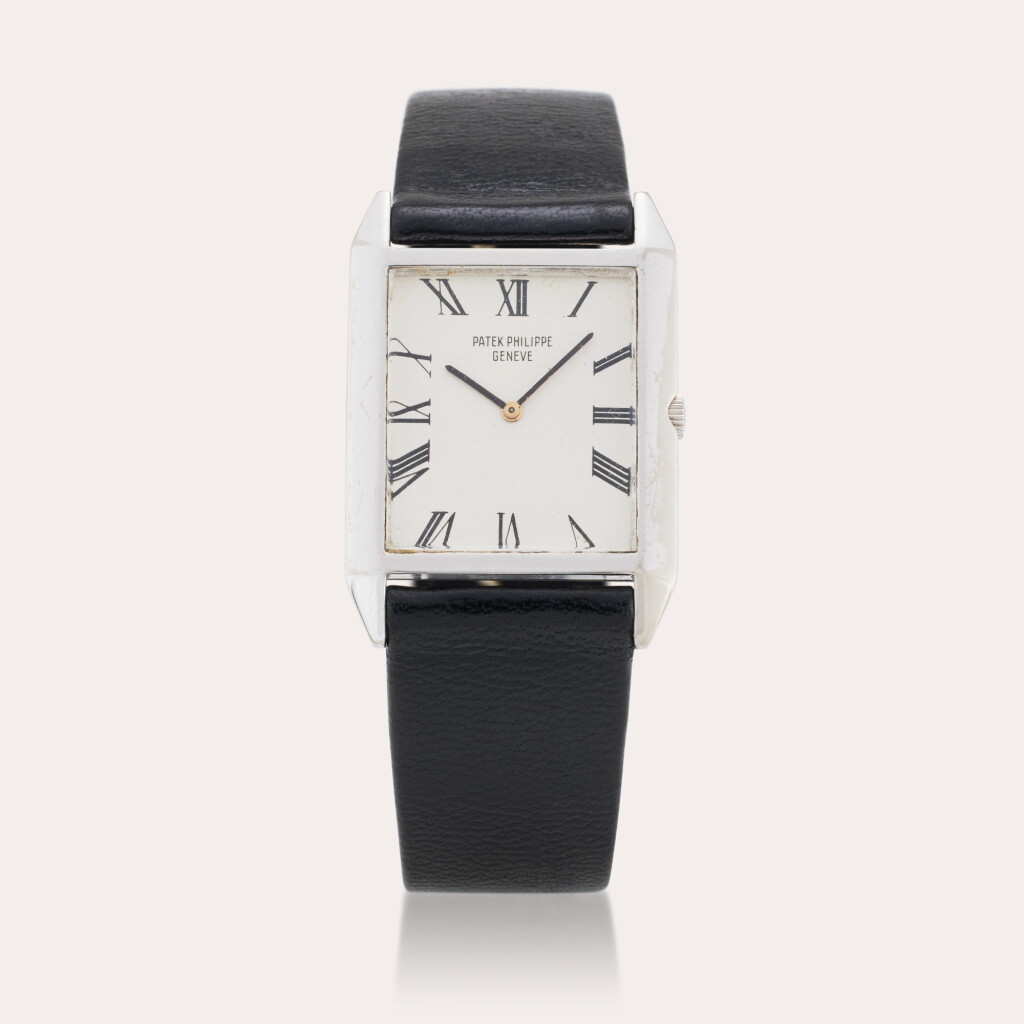 View full screen - View 1 of Lot 112. Reference 3491G 'Skater' | A white gold rectangular wristwatch, Circa 1965.