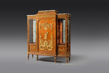 View full screen - View 1 of Lot 465. A Louis XVI style gilt-bronze mounted rosewood and amaranth marquetry and veneered vitrine, late 19th century, signed by François Linke | Vitrine en palissandre et amaranthe, monture de bronze doré, de style Louis XVI, fin du XIXe siècle, par François Linke.