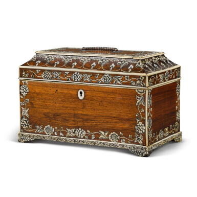 View full screen - View 1 of Lot 42. An Anglo-Indian ivory-inlaid silver-mounted rosewood tea caddy, Vizagapatam, third quarter 18th century.