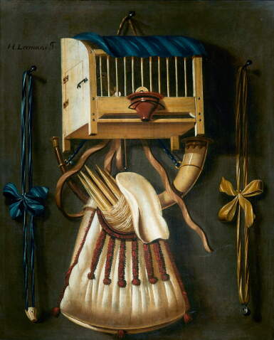 View full screen - View 1 of Lot 264. JOHANNES LEEMANS | TROMPE-L’ŒIL STILL LIFE WITH A BIRD CAGE AND HUNTING EQUIPMENT .