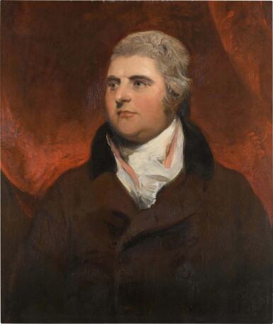 View full screen - View 1 of Lot 151. STUDIO OF SIR THOMAS LAWRENCE, P.R.A. | PORTRAIT OF THOMAS GODFREY (1751-1810), HALF-LENGTH, IN A BROWN COAT WITH A BLACK VELVET COLLAR AND A WHITE STOCK.