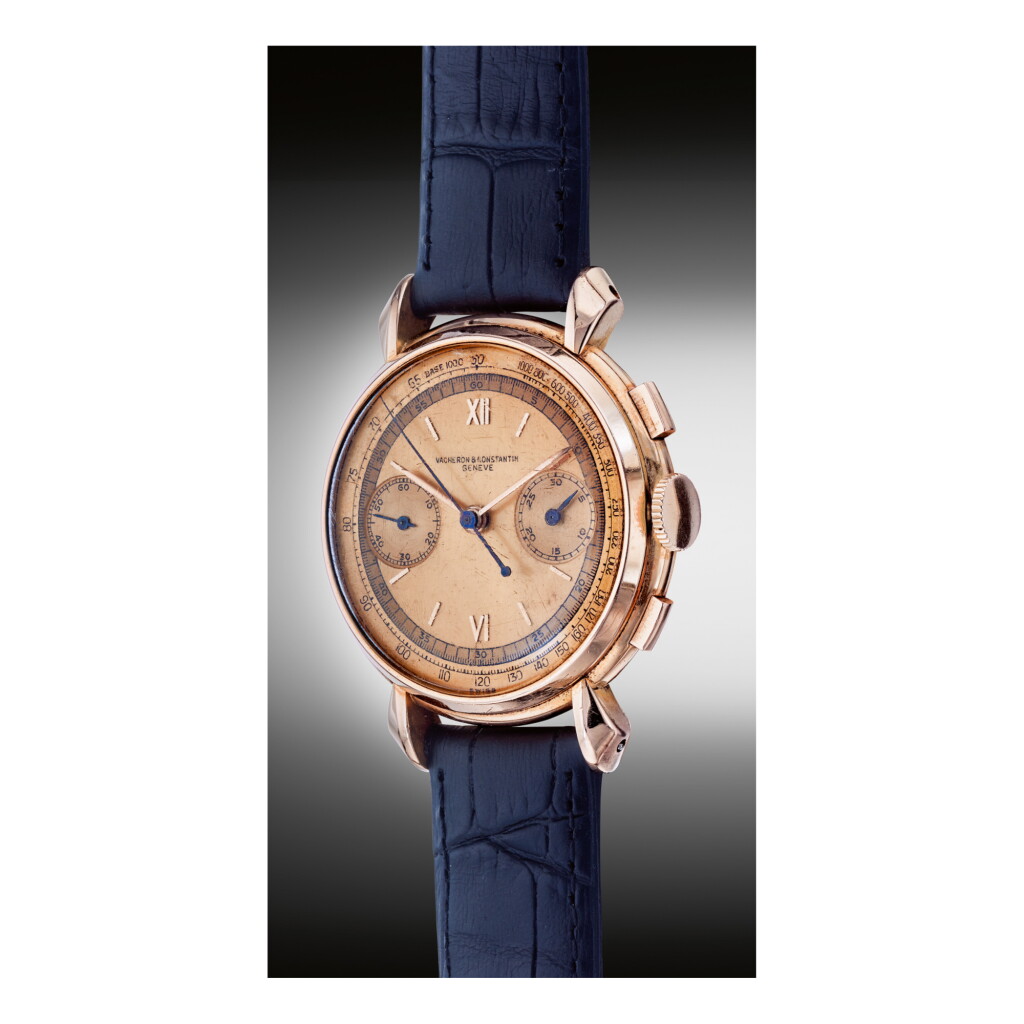View full screen - View 1 of Lot 1003. VACHERON CONSTANTIN | REF 4178, A PINK GOLD CHRONOGRAPH WRISTWATCH WITH REGISTERS AND TACHOMETER SCALE, MADE IN 1945 | 江詩丹頓 | 4178型號粉紅金計時腕錶備測速計刻度,1945年製.