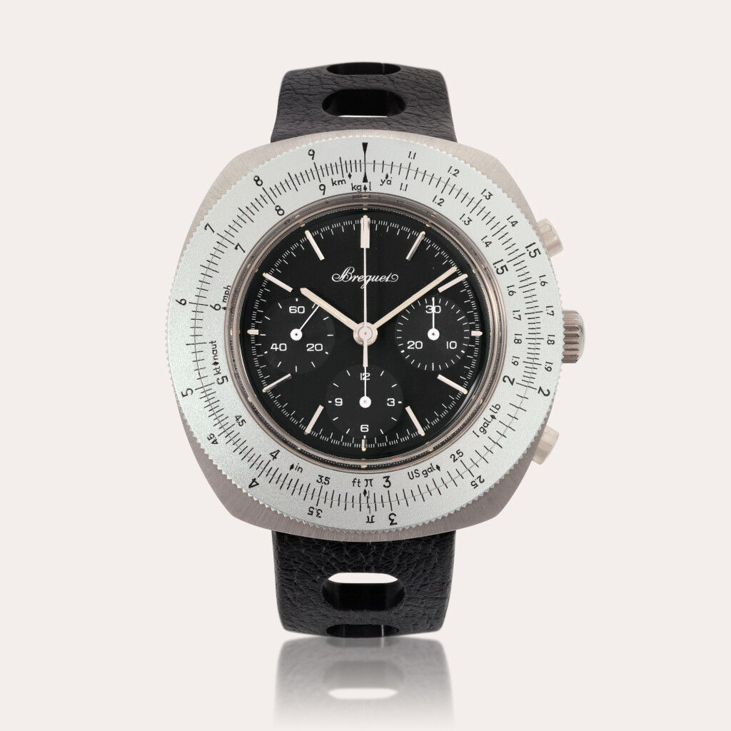 View full screen - View 1 of Lot 60. A very rare stainless steel chronograph wristwatch with rotating slide rule bezel.
