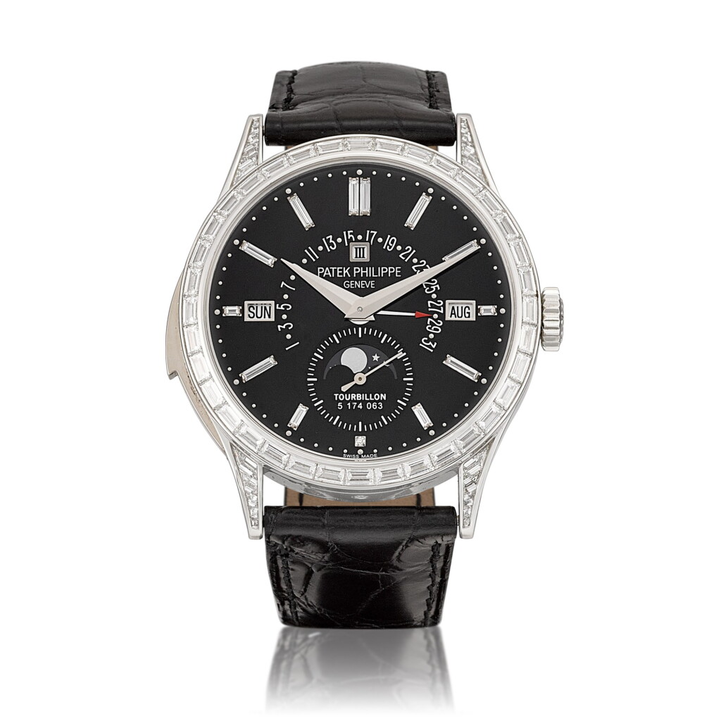 View full screen - View 1 of Lot 2310. Reference 5217 | A brand new platinum and diamond-set minute repeating instantaneous perpetual calendar tourbillon wristwatch with day, date, moon phases and leap year indication, Circa 2015 | 百達翡麗 | 型號5217 | 全新鉑金鑲鑽石三問瞬跳萬年曆陀飛輪腕錶,備日期、星期、月相及閏年顯示,約2015年製.